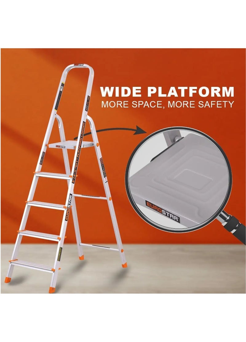 Eurostar Lightweight & Strong 5 Steps ladder for home With Anti Slip Shoes Aluminium Ladder  (With Platform) - Image 2